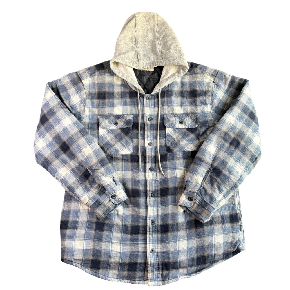 Wrangler Authentics Mens Blue Plaid Quilted Lined Hooded Flannel Shirt Jacket XL